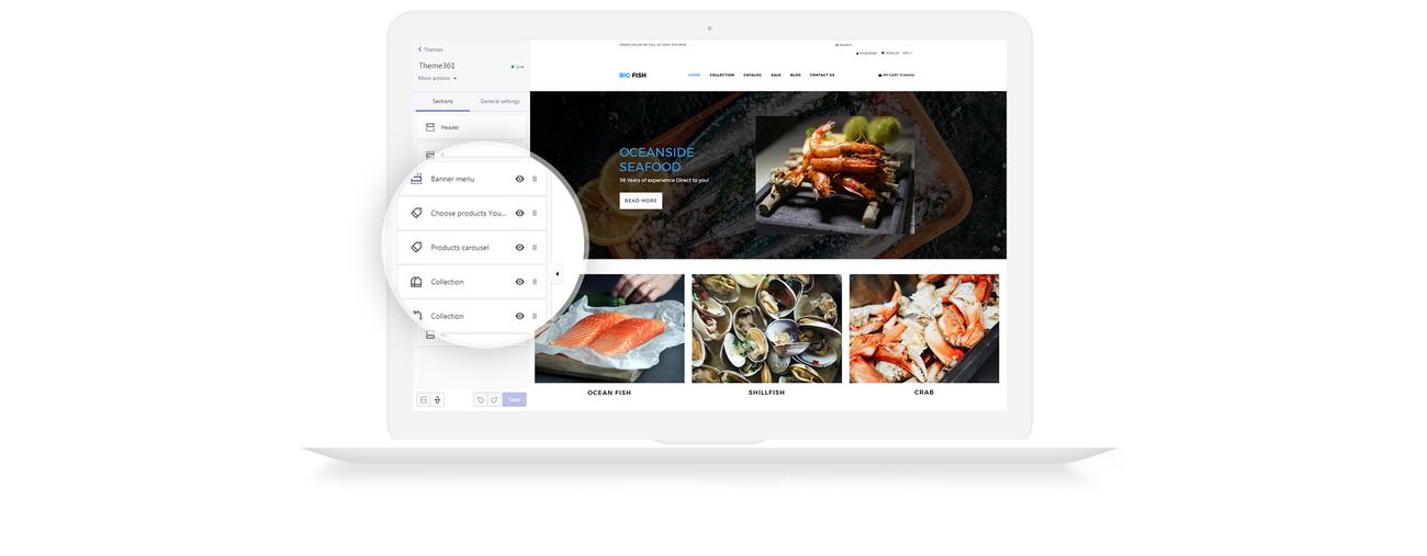 ресторан морепродуктов яркая тема shopify