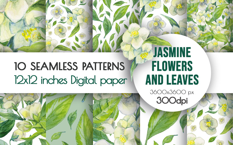 Download Pattern "Watercolor Jasmine Flowers and Leaves Pattern" / Watercolor Jasmine Flowers and Leaves Pattern - Pattern на тему графика party invitations,digital scrapbooking,greeting cards,hand painting,jasmine flowers,wedding design,event stationery,seamless pattern,digital paper,watercolor painting,leaves digital paper,lea