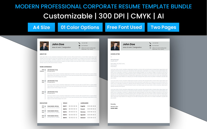 Download Резюме "Modern Corporate Resume Template" / Modern Corporate Resume Template - Резюме на тему графика resume,modern,template,clean,grey,multipurpose,employee,employer,company,corporate,engineer,executive,software developer,designer,creative,a4 size,ai,illustartor,perfect,cover
