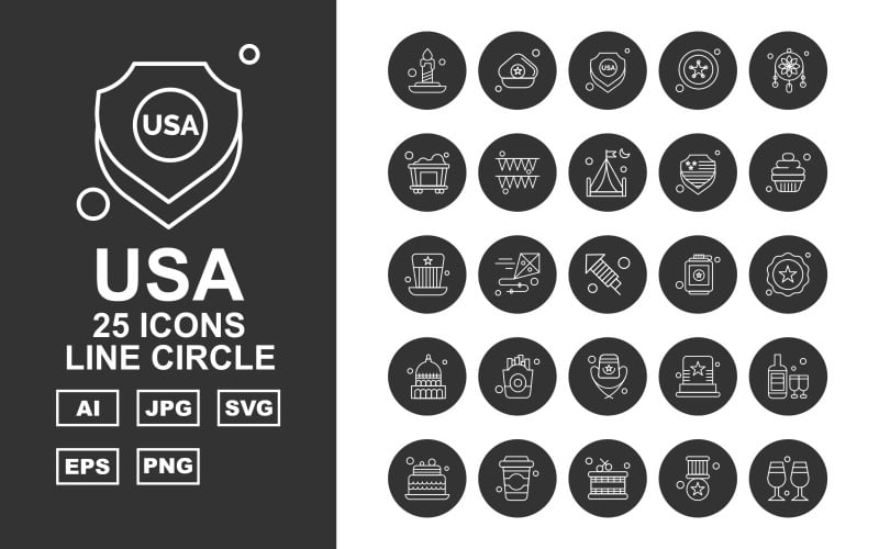 Download Набор иконок "25 Premium USA Line Circle Icon Pack Iconset" / 25 Premium USA Line Circle Icon Pack Iconset - Набор иконок на тему culture candle,kite,hat,wine bottles,cake,drink,drum,award,glass,cap,shield,star,adornment,railroad,celebration,camping,muffin,white house,frise,icon