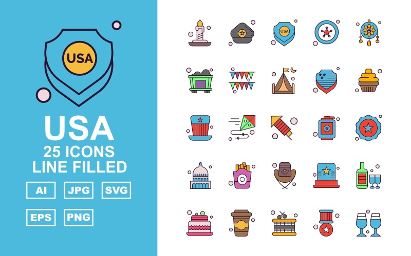 Download Набор иконок "25 Premium USA Line Filled Icon Pack Iconset" / 25 Premium USA Line Filled Icon Pack Iconset - Набор иконок на тему culture candle,kite,hat,wine bottles,cake,drink,drum,award,glass,cap,shield,star,adornment,railroad,celebration,camping,muffin,white house,frise,icon