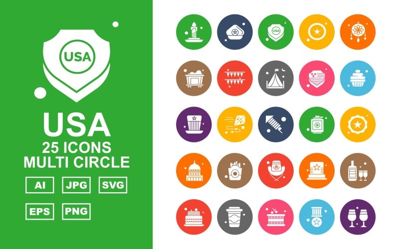 Download Набор иконок "25 Premium USA Multi Circle Icon Pack Iconset" / 25 Premium USA Multi Circle Icon Pack Iconset - Набор иконок на тему culture candle,kite,hat,wine bottles,cake,drink,drum,award,glass,cap,shield,star,adornment,railroad,celebration,camping,muffin,white house,frise,icon