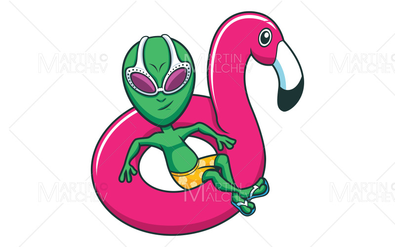 Download Иллюстрация "Alien on Flamingo Swim Ring" / Alien on Flamingo Swim Ring - Иллюстрация на тему графика alien,face,portrait,head,avatar,ufo,martian,extraterrestrial,character,funny,smiling,happy,full length,vacation,flamingo,swim ring,inflatable,rubber,swimming,pool