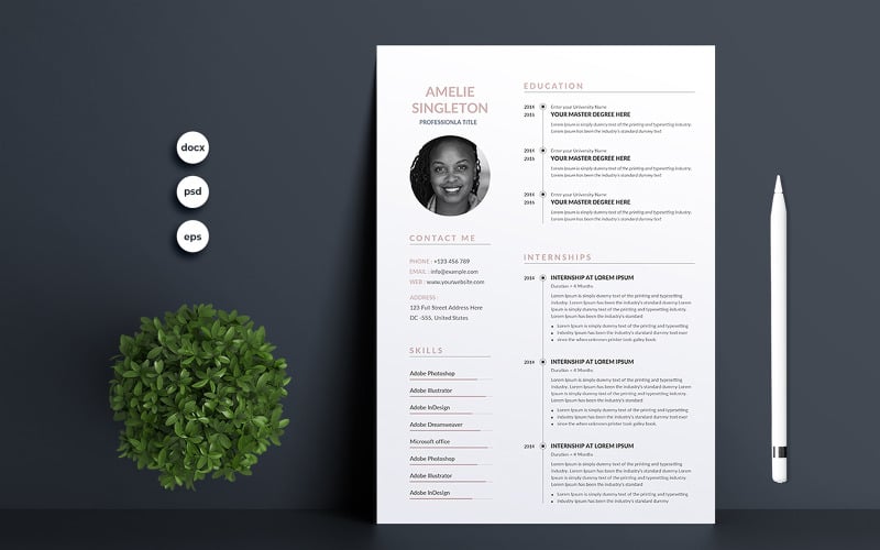 Download Резюме "Amelie Singleton Resume/CV Template" / Amelie Singleton Resume/CV Template - Резюме на тему графика 1 page resume,2 page resume,a4,blue,clean resume,clean,cover letter,creative,cv template,cv,design,document,infographic,microsoft word,minimalist,modern resume,modern,photoshop,portfolio,prof