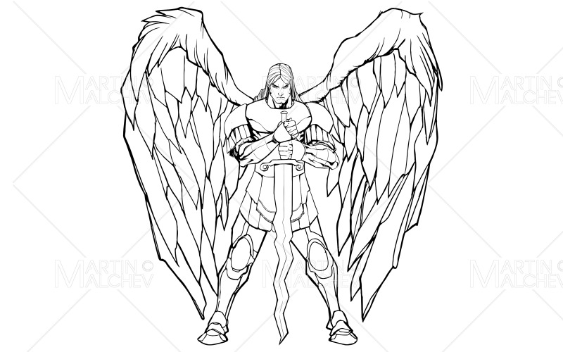 Download Иллюстрация "Archangel Michael Standing Line Art" / Archangel Michael Standing Line Art - Иллюстрация на тему графика michael,angel,archangel,saint,archangel michael,icon,christian,christianity,hebrew,judaism,jewish,islam,abrahamic,religion,portrait,standing,torah,talmud,bible,quran