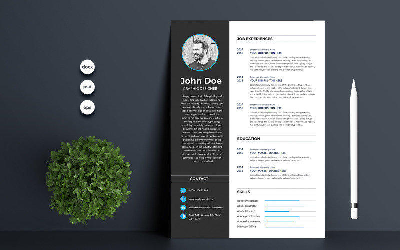 Download Резюме "John Doe Resume/CV Template Resume Template" / John Doe Resume/CV Template Resume Template - Резюме на тему графика 1 page resume,2 page resume,a4,blue,clean resume,clean,cover letter,creative,cv template,cv,design,document,infographic,microsoft word,minimalist,modern resume,modern,photoshop,portfolio,prof