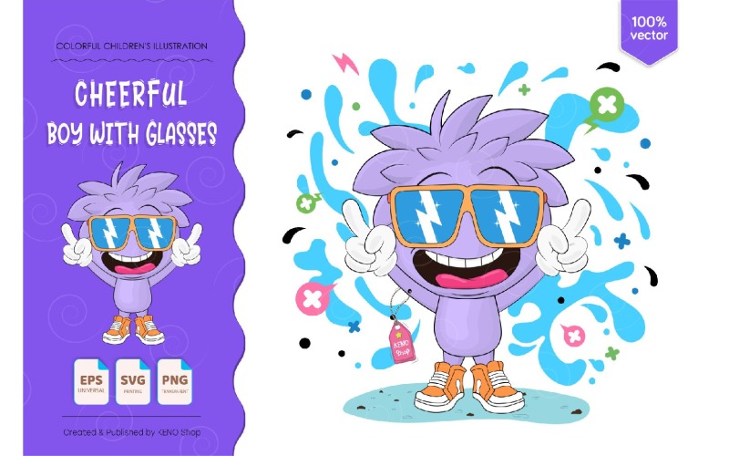 Download Vector "Cheerful Boy with Glasses - Vector Image" / Cheerful Boy with Glasses - Vector Image - Vector на тему графика boy,cartoon,character,children,teenage,art,crazy,happy,isolated,comic,illustration,children illustration,face,clip art,eye,fun,tongue,person,boy clip art,vector