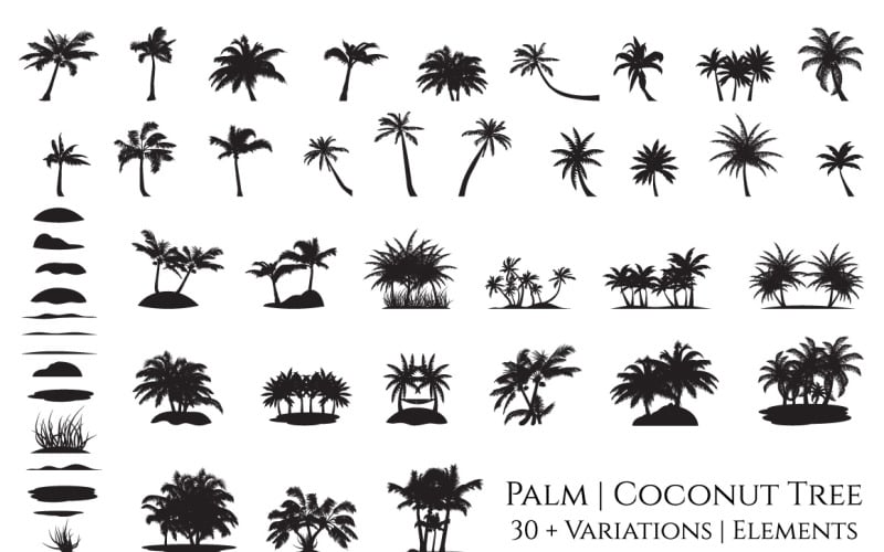 Download Иллюстрация "Coconut Palm Tree Silhouette Element Set" / Coconut Palm Tree Silhouette Element Set - Иллюстрация на тему графика silhouette,plant,beach,tropical,coconut,leaf,climate,tree,black,nature,vector,outline,summer,branch,frond,isolated,palm,landscape,growth,coco