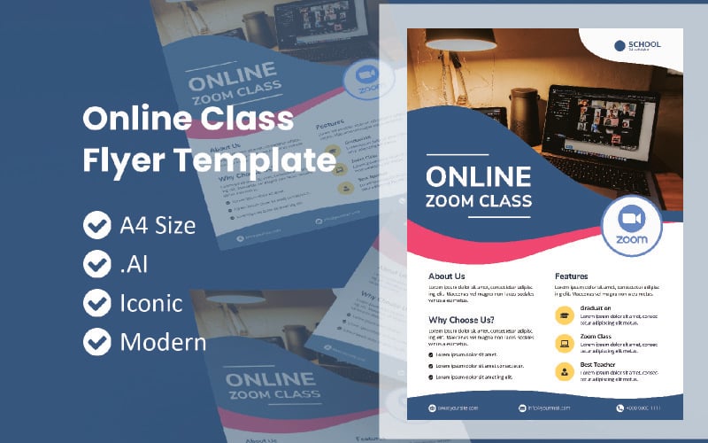 Download Фирменный стиль "School Online Class Zoom Flyer" / School Online Class Zoom Flyer - Фирменный стиль на тему графика flyer template,flyer business,print template,advertising,promotion flyer,brochure template,flyer mockup,flyer bundle template,online school,online course,online class,online class flyer,onlin