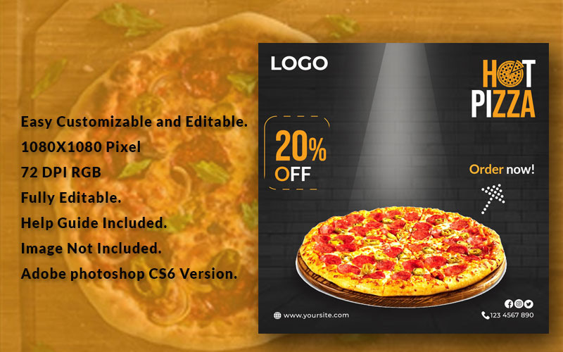 Download Шаблон для соцсетей "Pizza Sale Banner Social Media Template" / Pizza Sale Banner Social Media Template - Шаблон для соцсетей на тему графика discount,elagance,flat design,food banner,instagram banner,italian pizza,lunch dinner,marketing,modern,multipurpose,pizza,pizza banner,pizza house,promotion,editable,social media