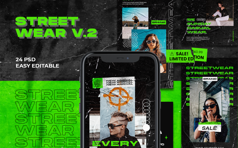 Download Шаблон для соцсетей "Streetwear V.2 Instagram Template" / Streetwear V.2 Instagram Template - Шаблон для соцсетей на тему графика art,banner,branding,brutalist,dark,design graphic,dope,facebook,fashion,green,illustration,instagram,instagram post,instagram poster,instagram posts,instagram stories,instagram story,instagra