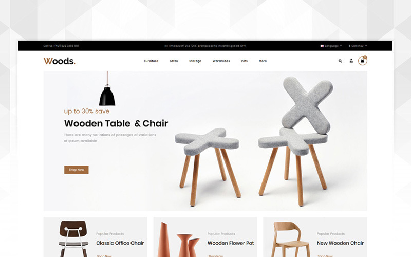 woods furniture store opencart шаблон