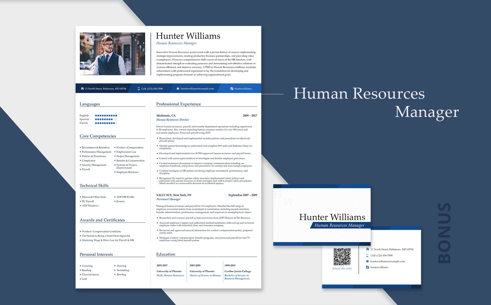 Download Резюме "Пример резюме специалиста по кадрам" / Hunter Williams - Human Resources Manager Resume Template - Резюме на тему графика 