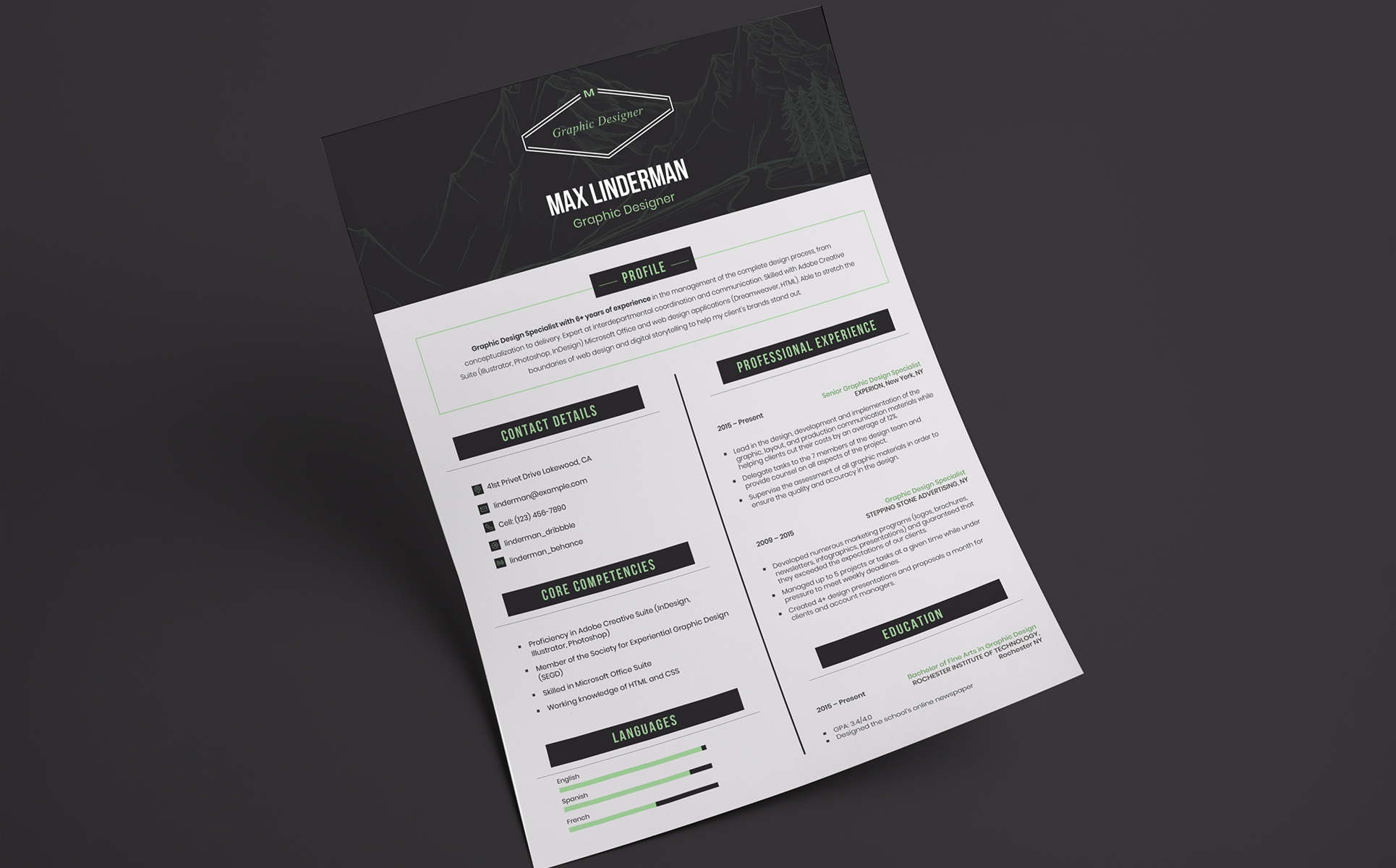 Download Резюме "Max Linderman - Graphic Designer Resume Template" / Max Linderman - Graphic Designer Resume Template - Резюме на тему графика web graphic design designer online creative professional webdesign developer website online freelance freelancer freelancing designing art artist visual computer portfolio graphics hire photo