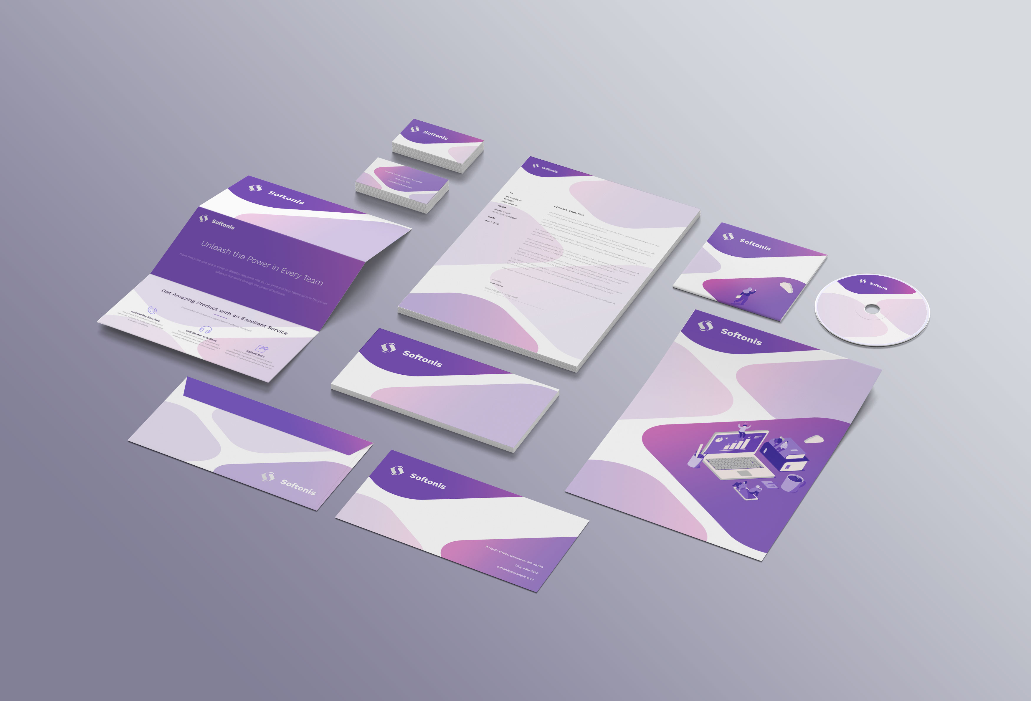 Download Фирменный стиль "Softonis Company Branding Design - Corporate Identity Template" / Softonis Company Branding Design - Corporate Identity Template - Фирменный стиль на тему графика identity business card design mockup stationery personal printed business card recognition print brand corporate branding