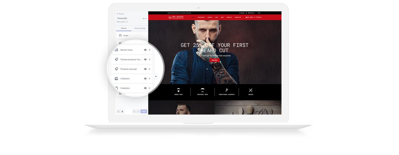 брутальная тема парикмахерской shopify