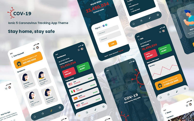 Download Шаблон для приложения "cov-19 Ionic 5 coronavirus tracking app theme App Template" / cov-19 Ionic 5 coronavirus tracking app theme App Template - Шаблон для приложения на тему бизнес услуги corona,virus,coronavirus,tracking,app,covid-19,advises,doctors,flat,hospital,medical,modern,tracker,ui,kit