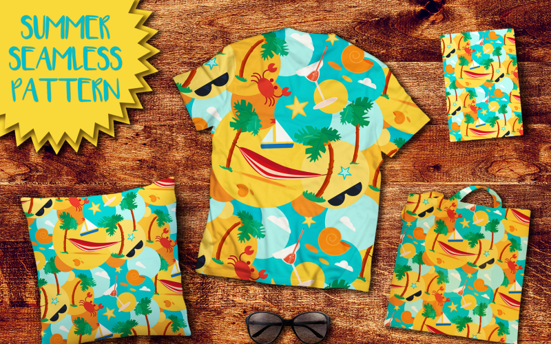 Download Pattern "Summer Beach Seamless Pattern" / Summer Beach Seamless Pattern - Pattern на тему графика t-shirt,design,trendy,nature,summer,vector,happy,beach,tropical,island,sun,palm,sand,holiday,travel,ornament,tree,background,vacation,cloth,outdoor,sea,print,banner,water,landscape,ocean,adve
