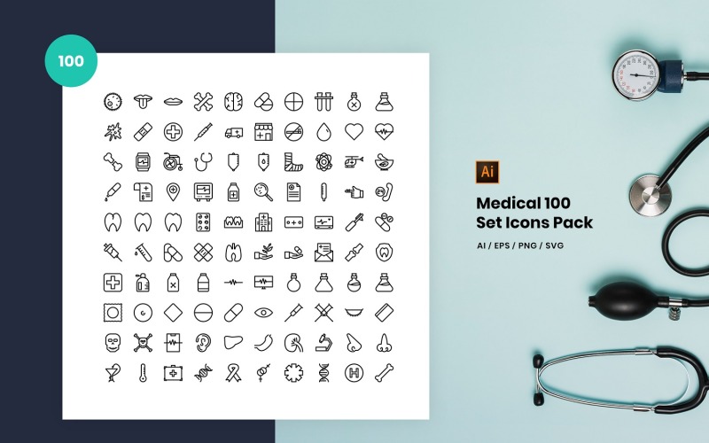 Download Набор иконок "Medical 100 Set Pack Icon" / Medical 100 Set Pack Icon - Набор иконок на тему графика icon,line,set,pack,medical,hospital,clinic,doctor,nurse,health,ambulance,medic,firstaid,patient