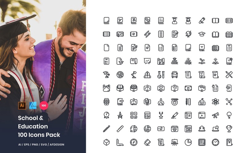 Download Набор иконок "School & Education 100 Set Pack Icon" / School & Education 100 Set Pack Icon - Набор иконок на тему графика graduate,pack,set,icons,outline,line,school,education,highschool,course,college,university,teachers,students,vocationalschool,campus