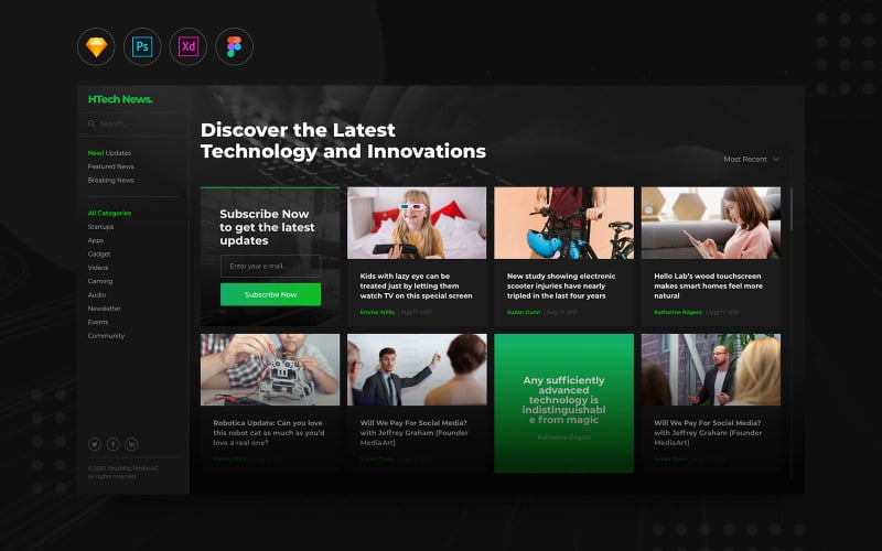 Download UI элементы "Daily.V23 - Technology Blog News Website UI Elements" / Daily.V23 - Technology Blog News Website UI Elements - UI элементы на тему графика blog,news,technology,startup,dark,media,website,article,newsletter,user interface,hero,figma,sketch