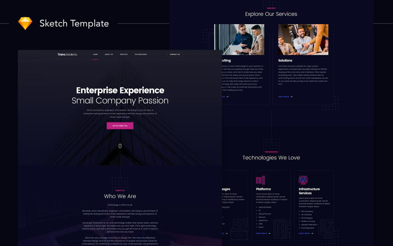 Download UI элементы "Trans Solutions Web Development Agency UI Sketch " / Trans Solutions Web Development Agency UI Sketch  - UI элементы на тему графика agency,corporate,software,development,enterprise,experience,developer,programming,company,technology,dark,service,platform,sketch,website