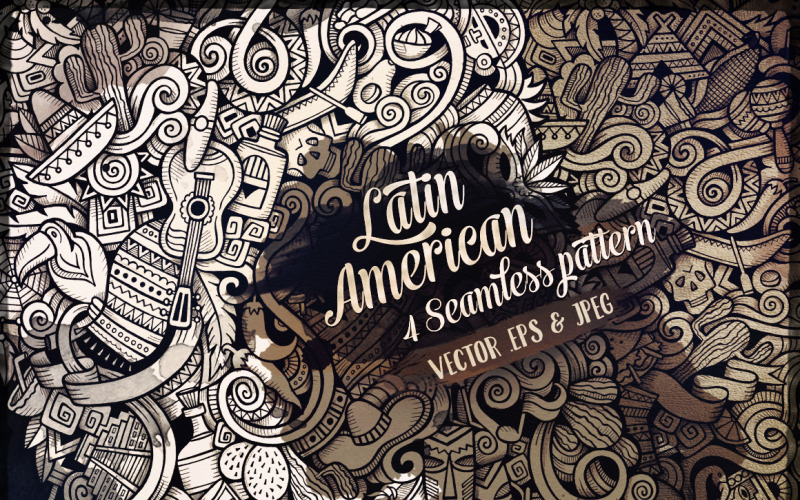 Download Pattern "Latin American Graphics Doodles Seamless Pattern" / Latin American Graphics Doodles Seamless Pattern - Pattern на тему графика vintage,hand-drawn,illustration,retro,country,doodles,decorative,vector,collection,cactus,abstract,travel,festival,guitar,graphic,sketch,drawing,cartoon,america,contour,ethnic,tribal,symbol,c
