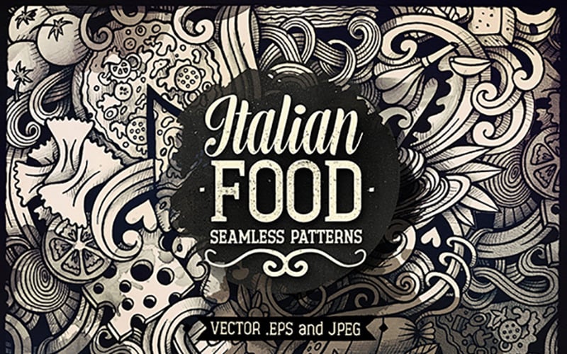 Download Pattern "Italian Food Graphics Doodles Seamless Pattern" / Italian Food Graphics Doodles Seamless Pattern - Pattern на тему графика fun,vintage,hand-drawn,illustration,retro,food,cooking,doodles,decorative,vector,italian,artistic,restaurant,menu,background,product,cuisine,pizza,graphic,kitchen,sketch,cartoon,italy,outline