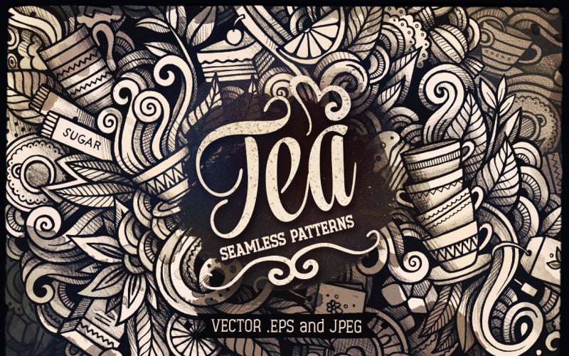 Download Pattern "Tea Graphics Doodles Seamless Pattern" / Tea Graphics Doodles Seamless Pattern - Pattern на тему графика vintage,hand-drawn,illustration,retro,doodles,coffee,decorative,nature,summer,vector,floral,collection,abstract,cafe,drinks,menu,graphic,cake,leaves,sketch,drawing,dinner,cartoon,plant,contou