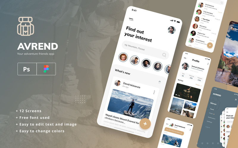 Download UI элементы "Avrend Social Network UI Template Figma & PSD " / Avrend Social Network UI Template Figma & PSD  - UI элементы на тему графика ios,social network,adventure,news,friend,social,media,blog,profile,chat,message,hobby,dating,hiking,notification,app design,figma,photoshop