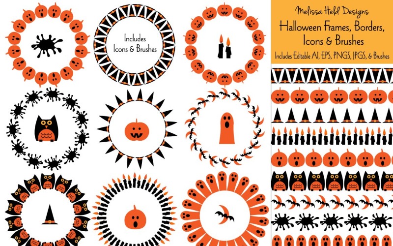 Download Pattern "Halloween Frames, Border &amp; Brushes Pattern" / Halloween Frames, Border &amp; Brushes Pattern - Pattern на тему графика halloween,skull and crossbones,border pattern,ghost,clipart,illustrations,brush,brushes,black cat,pumpkin,jack o lantern,bat,owl,witch hat,splatter,circle,frame,pattern,border,stripe