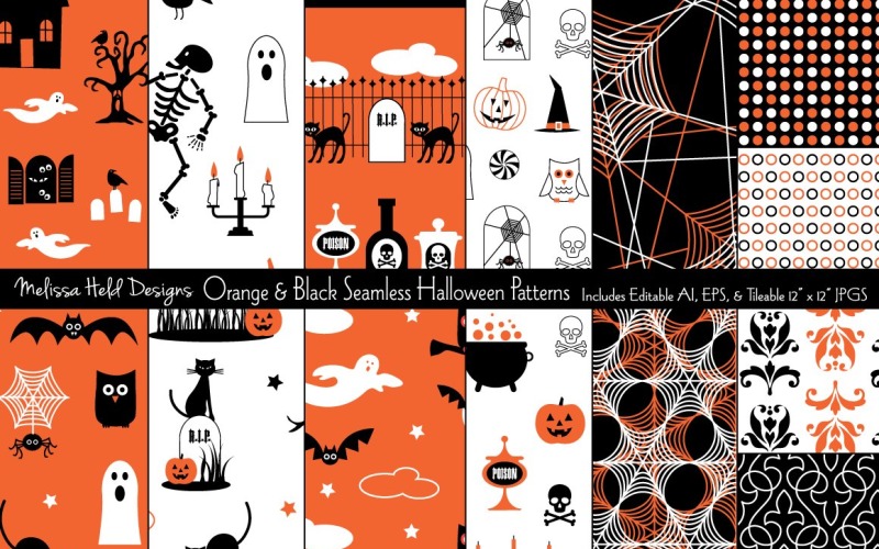 Download Pattern "Orange &amp; Black Halloween Seamless Pattern" / Orange &amp; Black Halloween Seamless Pattern - Pattern на тему графика haunted houses,flying ghosts,polka dots,damask,bubbling cauldron,owls,bats,graveyard,candy,potions,black cats,skeletons,vector,pattern,printable,fabric,textile,design,background,seamless