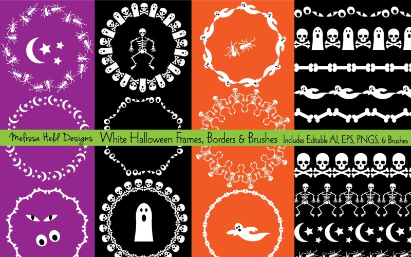 Download Pattern "White Halloween Frames &amp; Border Pattern" / White Halloween Frames &amp; Border Pattern - Pattern ghosts,skeleton,moon,stars,bones,crawling ants,frame,circle,border,brush,stripe,white,halloween,printable,clipart,vector,print,illustration,skull and crossbone,pattern