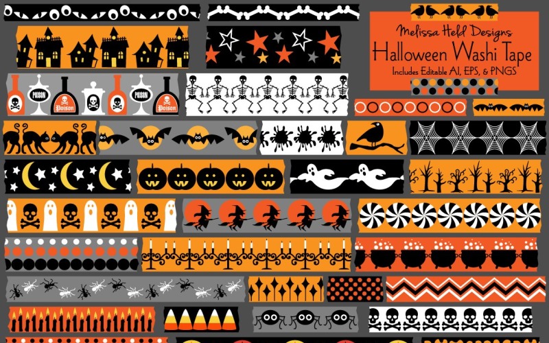 Download Pattern "Halloween Washi Tape Clipart Pattern" / Halloween Washi Tape Clipart Pattern - Pattern на тему графика flying witch,owls,geometrics,damask patterns,haunted house,black cat,bubbling cauldron,skeletons,candy,halloween,black,orange,washi tape,vector,pattern,clipart,printable,graphic,design,illust