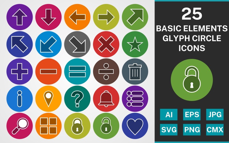 Download Набор иконок "25 BASIC ELEMENTS GLYPH CIRCLE PACK Icon Set" / 25 BASIC ELEMENTS GLYPH CIRCLE PACK Icon Set - Набор иконок на тему data set,file,icon,icons,linear,glyph,vector,sign,symbol,pictogram,circle,basic elements,right down,delete,apps,lock,favorite,righ,star,plus