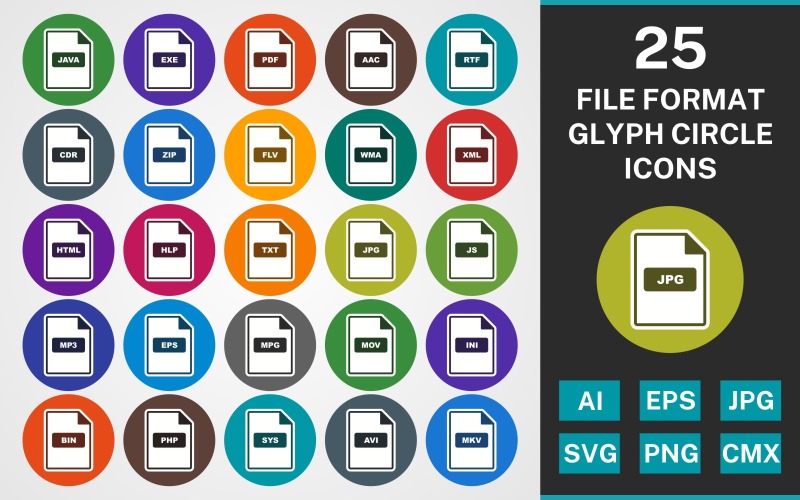 Download Набор иконок "25 FILE FORMAT GLYPH CIRCLE PACK Icon Set" / 25 FILE FORMAT GLYPH CIRCLE PACK Icon Set - Набор иконок на тему text set,file,icon,icons,linear,glyph,vector,sign,symbol,pictogram,circle,file format,java,js,eps,sys,txt,cdr,aac,mpg