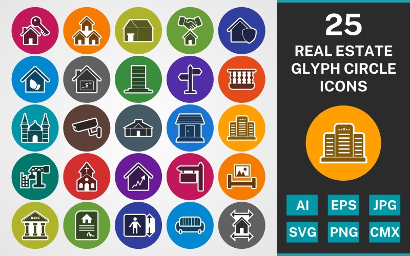 Download Набор иконок "25 REAL ESTATE GLYPH CIRCLE PACK Icon Set" / 25 REAL ESTATE GLYPH CIRCLE PACK Icon Set - Набор иконок на тему city set,file,icon,icons,linear,glyph,vector,sign,symbol,pictogram,circle,real estate,mansion,directions,mosque,camera,bank,sofa,lift,yurt
