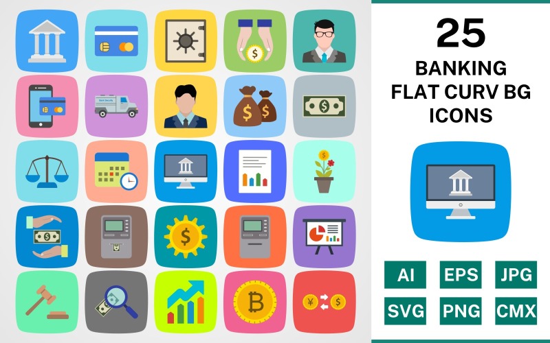 Download Набор иконок "25 BANKING FLAT CURV BG PACK Icon Set" / 25 BANKING FLAT CURV BG PACK Icon Set - Набор иконок на тему финансы set,file,icon,icons,flat,round,vector,sign,symbol,pictogram,curve,banking,safe,bank,balance,auction,growth,accounting,banker,internet banking