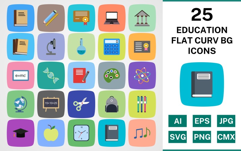 Download Набор иконок "25 EDUCATION FLAT CURV BG PACK Icon Set" / 25 EDUCATION FLAT CURV BG PACK Icon Set - Набор иконок на тему science set,file,icon,icons,linear,round,vector,sign,symbol,pictogram,curve,education,book,laptop,certificate,globe,apple,notebook,notes,flask