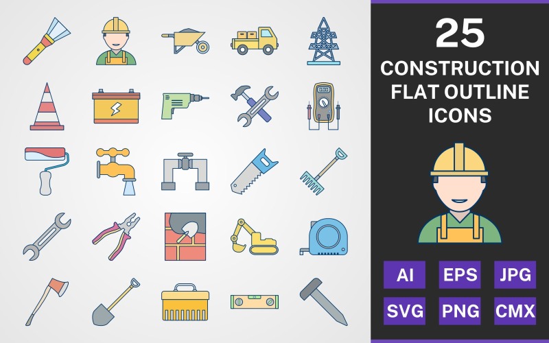 Download Набор иконок "25 CONSTRUCTION FLAT OUTLINE PACK Icon Set" / 25 CONSTRUCTION FLAT OUTLINE PACK Icon Set - Набор иконок на тему industrial set,file,icon,icons,flat,round,vector,sign,symbol,pictogram,outline,construction,engineer,flash,tools,drill,saw,rake,tool box,voltmeter