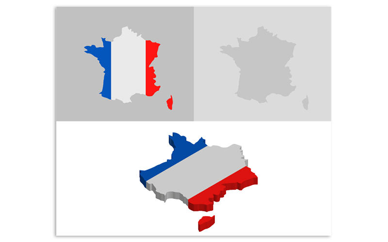 Download Vector "3D and Flat France Map - Vector Image" / 3D and Flat France Map - Vector Image - Vector на тему графика atlas,border,capitals,cartography,chart,company,countries,country,dotted map,education,geography,headquarters,infographic,infographic map,layered,map,ocean,pins,route,stripes