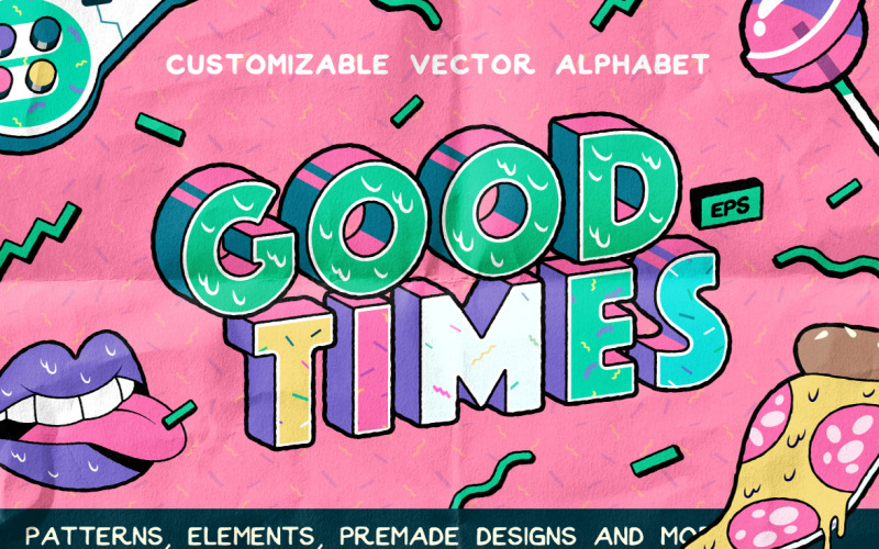 Download Vector "Good Times Alphabet &amp; Graphic Pack - Vector Image" / Good Times Alphabet &amp; Graphic Pack - Vector Image - Vector на тему графика 90s,90,80s,1990,nineties,alphabet,font,groovy,music,event,hip hop,vector,emblem,pattern,seamless,party,1980,eighties,colourful,cartoon