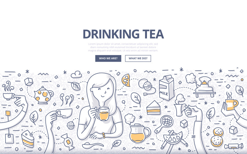 Download Vector "Drinking Tea Doodle Concept - Vector Image" / Drinking Tea Doodle Concept - Vector Image - Vector на тему графика coffee,vector,woman,drink,cake,leaf,holding,hot,doodle,milk,lemon,cup,tea,mug,teapot,concept,cinnamon,kettle,tea bag,tea time