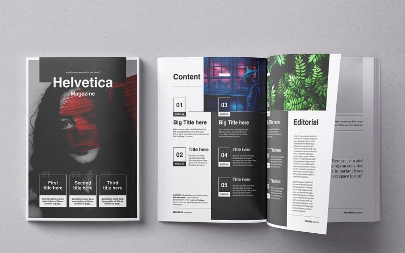 Download Magazine Template "Helvetica Magazine Template" / Helvetica Magazine Template - Magazine Template на тему графика magazine,indesign,template,editorial,fashion,photo,porfolio,pdf,print,digital,architecture,game,index,section,organize,professional,style