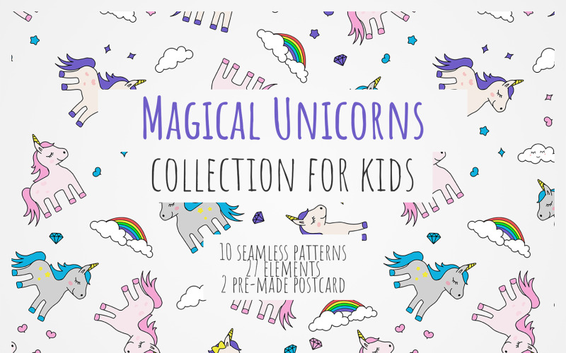 Download Pattern "Magical Unicorns Collection Pattern" / Magical Unicorns Collection Pattern - Pattern на тему графика childish pattern,cute clipart,pattern,texture,backgroud,seamless,vector,seamlss pattern,vector pattern,kid,kids pattern,cute,clipart,post card,elements,vector elements,style,child