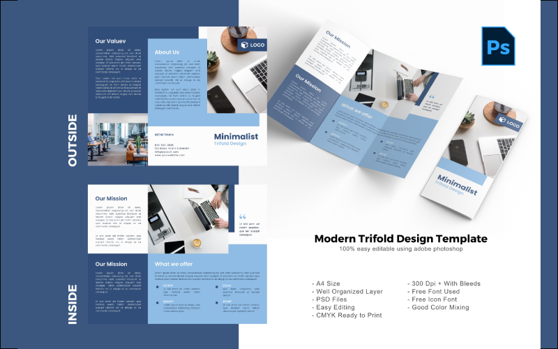 Download PSD шаблон "Company Trifold Brochure PSD Template" / Company Trifold Brochure PSD Template - PSD шаблон на тему графика trifold template,brochure template,flyer template,psd template,trifold psd template,photoshop template,modern,minimalist,business trifold,trifold brochure,trifold mockup,ads,advertisement,bro