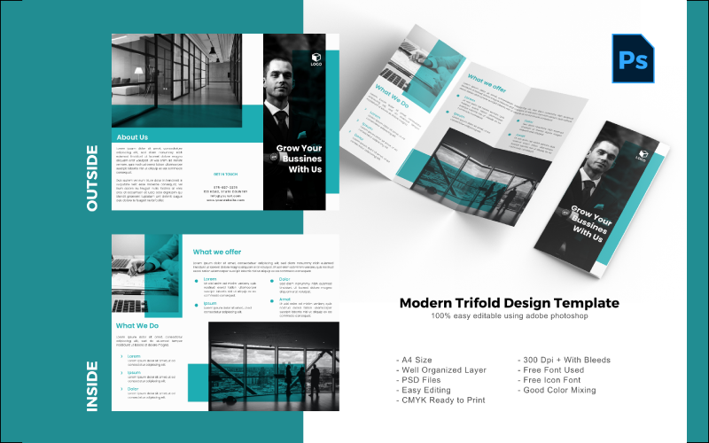 Download PSD шаблон "Minimal Trifold Brochure PSD Template" / Minimal Trifold Brochure PSD Template - PSD шаблон на тему графика trifold template,brochure template,flyer template,psd template,trifold psd template,photoshop template,modern,minimalist,business trifold,trifold brochure,trifold mockup,ads,advertisement,bro