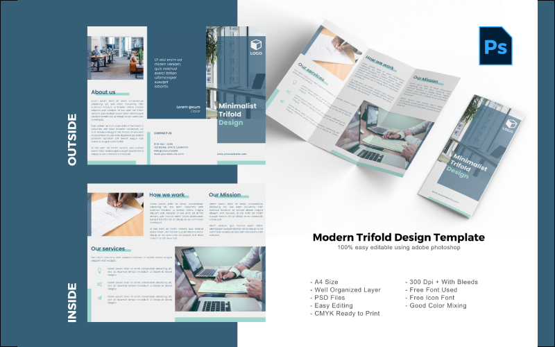 Download PSD шаблон "Minimalist Trifold Brochure PSD Template" / Minimalist Trifold Brochure PSD Template - PSD шаблон на тему графика trifold template,brochure template,flyer template,psd template,trifold psd template,photoshop template,modern,minimalist,business trifold,trifold brochure,trifold mockup,ads,advertisement,bro