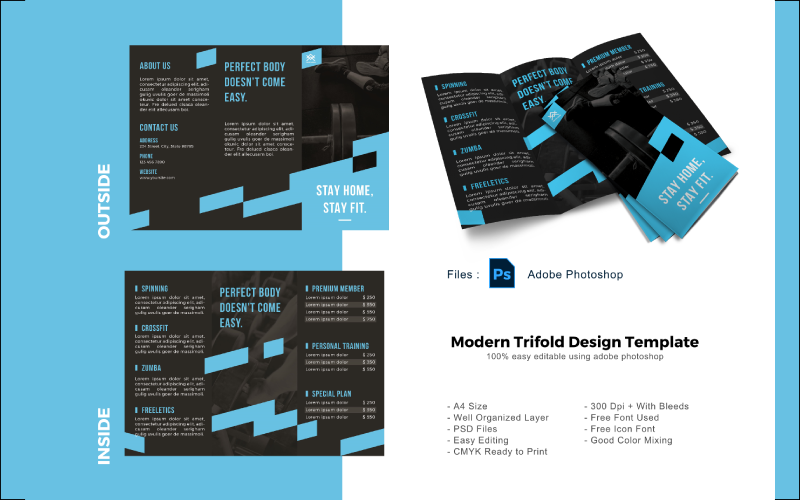 Download PSD шаблон "Fitbody Trifold Brochure PSD Template" / Fitbody Trifold Brochure PSD Template - PSD шаблон на тему графика trifold template,brochure template,flyer template,psd template,trifold psd template,photoshop template,modern,minimalist,business trifold,trifold brochure,trifold mockup,ads,advertisement,bro