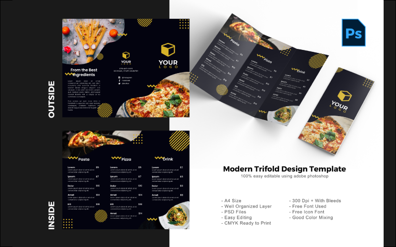Download PSD шаблон "Food Restaurant Trifold Brochure PSD Template" / Food Restaurant Trifold Brochure PSD Template - PSD шаблон на тему графика trifold template,brochure template,flyer template,psd template,trifold psd template,photoshop template,modern,minimalist,business trifold,trifold brochure,trifold mockup,ads,advertisement,bro